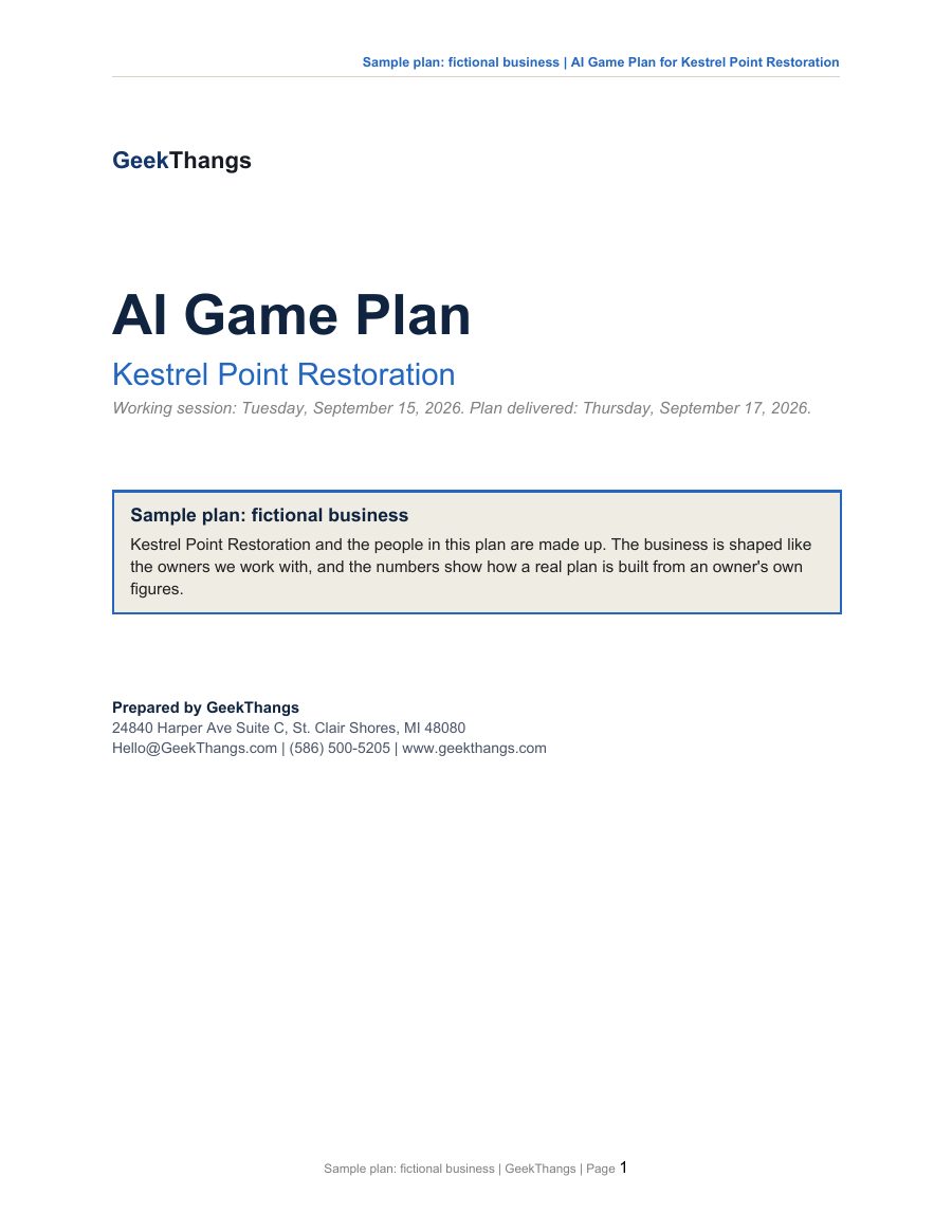 Cover of a sample AI Game Plan for a fictional restoration contractor