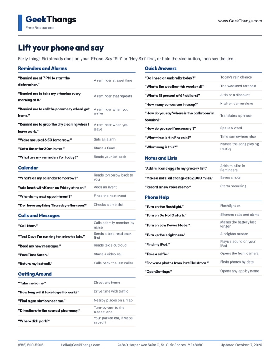 The top of the Lift Your Phone and Say cheat sheet