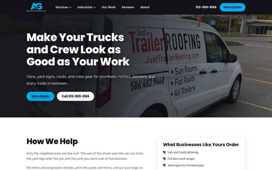 The contractors and trades page, its headline over a roofing van the shop lettered