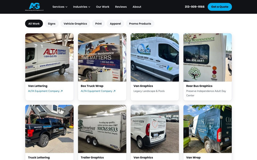 The Our Work page on AdvertisingAndGraphics.com, a website we built, where every photo is a job the shop delivered, from lettered vans to a wrapped box truck