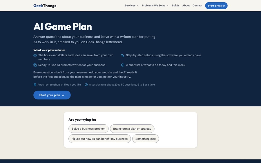 The AI Game Plan, an AI tool GeekThangs built, open on its start screen