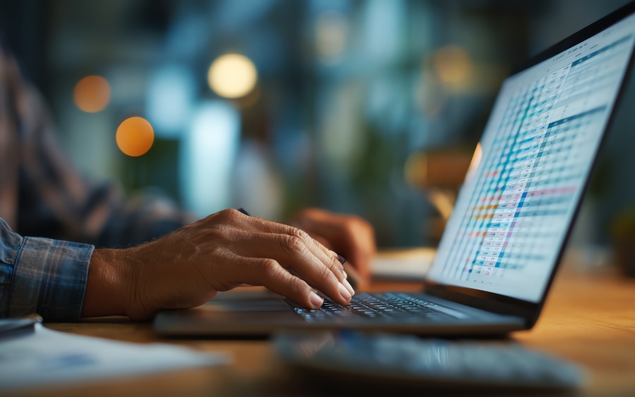 A close-up of hands typing into a spreadsheet on a laptop