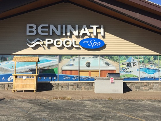 Beninati Pool and Spa dimensional storefront letters over full window mural graphics