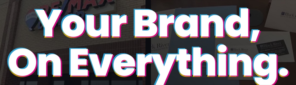 The headline Your Brand, On Everything in white, with cyan, magenta and yellow edges just off register, over darkened job photos