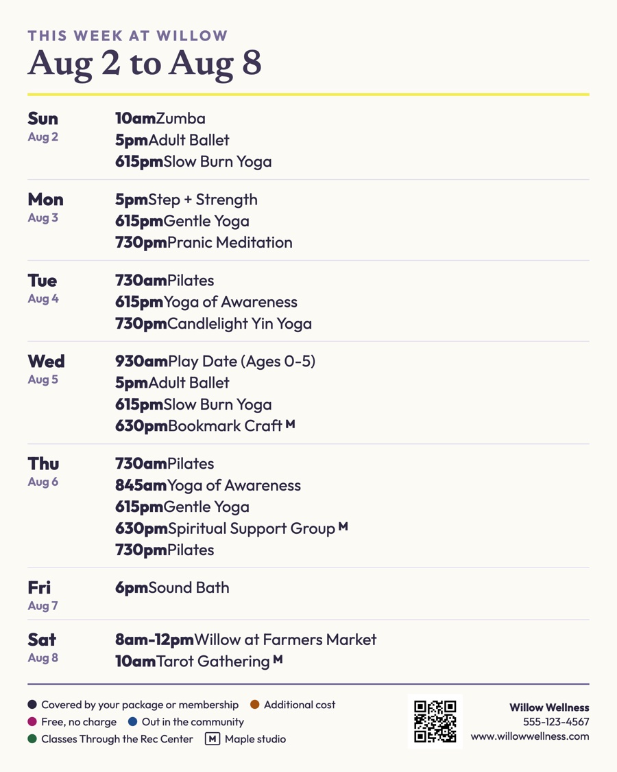 A weekly card listing each day and its classes, sized for a phone screen.