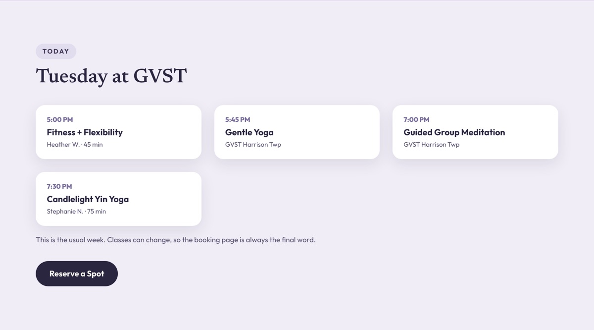 The homepage block headed Tuesday at GVST, listing Fitness + Flexibility, Gentle Yoga, Guided Group Meditation and Candlelight Yin Yoga