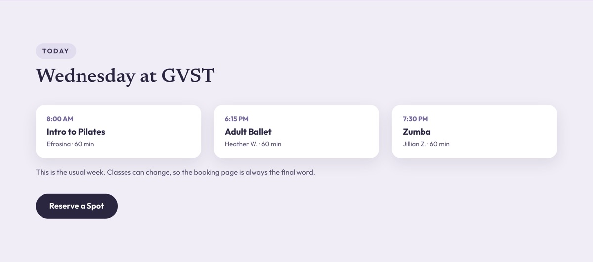 The same block headed Wednesday at GVST, listing Intro to Pilates, Adult Ballet and Zumba
