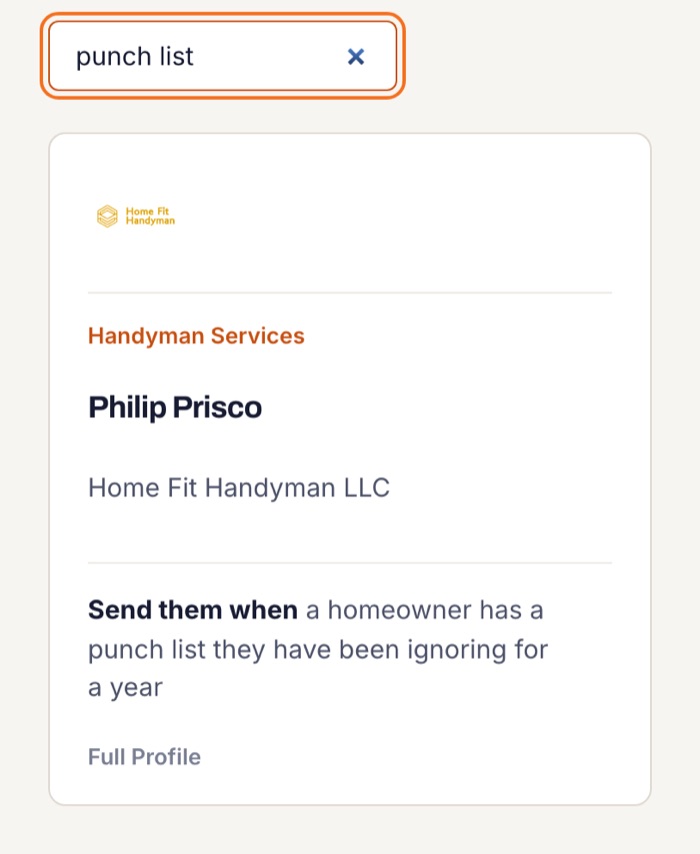 The live member directory with punch list typed into the search and one card left: Handyman Services, sent a homeowner with a punch list they have been ignoring for a year