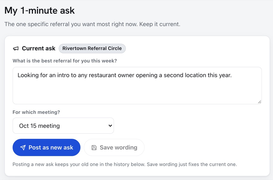 The My 1-minute ask screen, with a current ask for an intro to a restaurant owner opening a second location