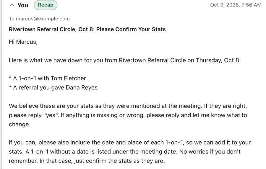 A recap email to one member listing a 1-on-1 and a referral, asking them to reply yes if it is right