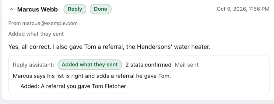 A member's reply confirming their stats and adding a referral, with the reply assistant marking two stats confirmed and the new referral added