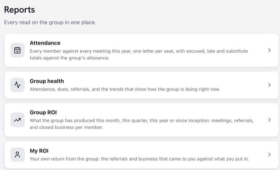 The Reports screen, listing Attendance, Group health, Group ROI and My ROI