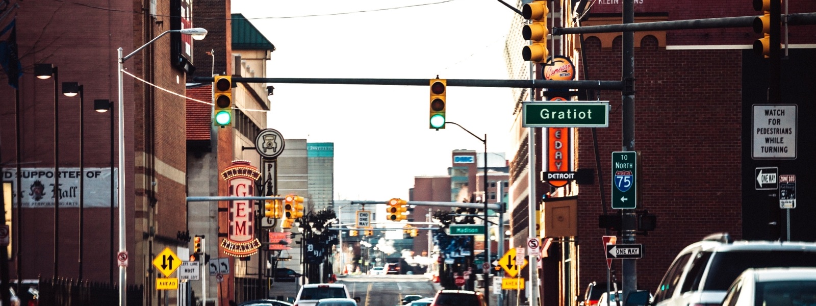 Gratiot Avenue in Detroit, storefronts and traffic lights