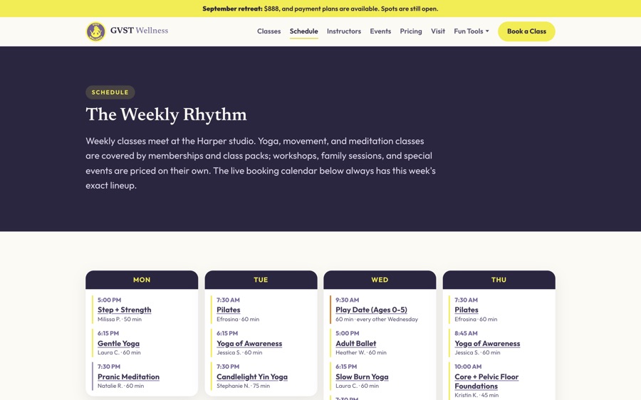 The GVST Wellness weekly schedule grid