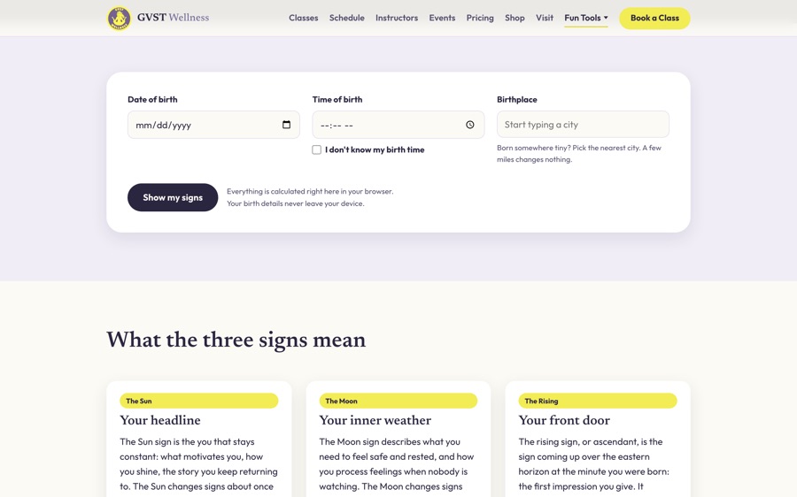 The Find Your Signs calculator, asking for a birth date, time and place
