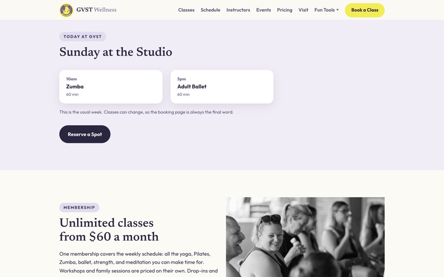 The homepage block listing the classes running on the current day