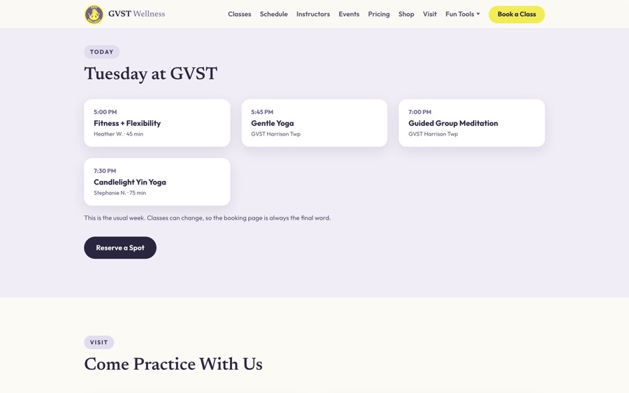 The homepage block listing the classes running on the current day