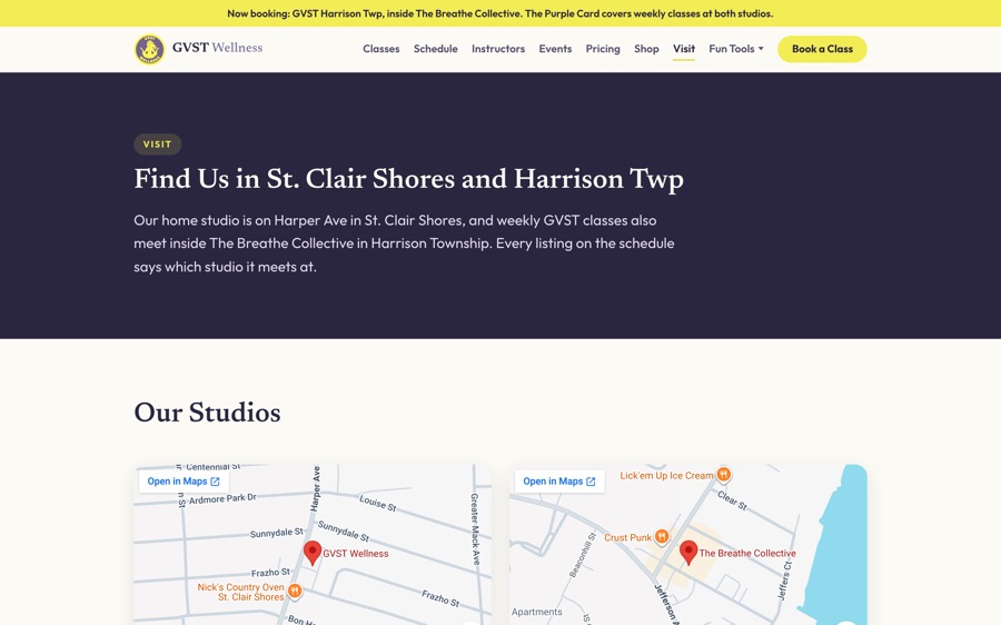 The Visit page, with the Harper Avenue studio in St. Clair Shores and the Harrison Township studio, each on a map
