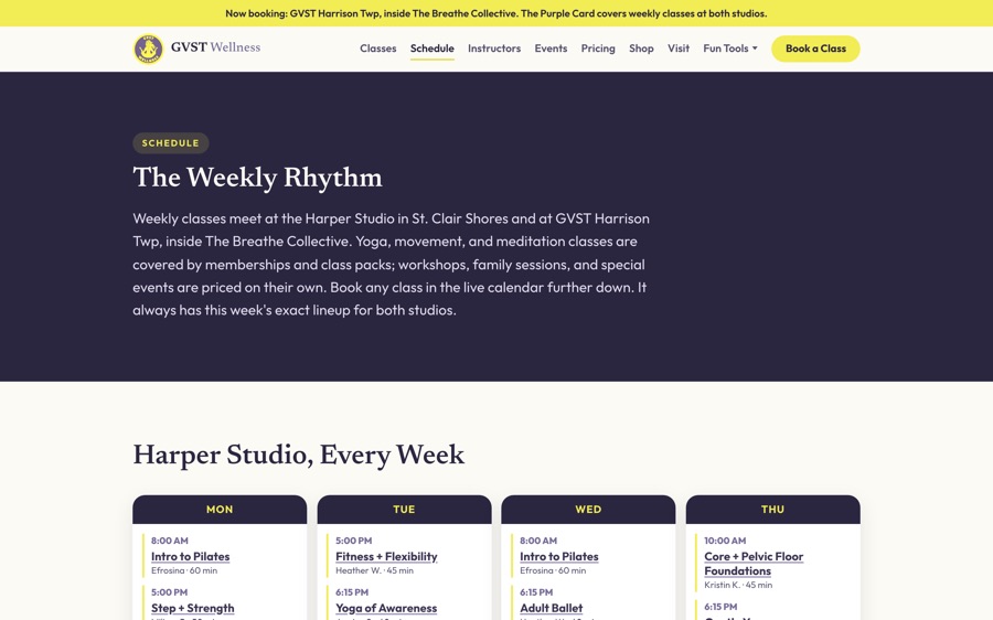The GVST Wellness weekly schedule grid