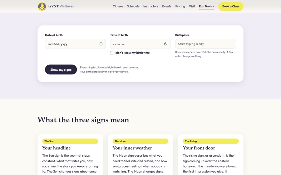 The Find Your Signs calculator, asking for a birth date, time and place