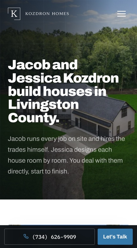 The Kozdron Homes about page on a phone