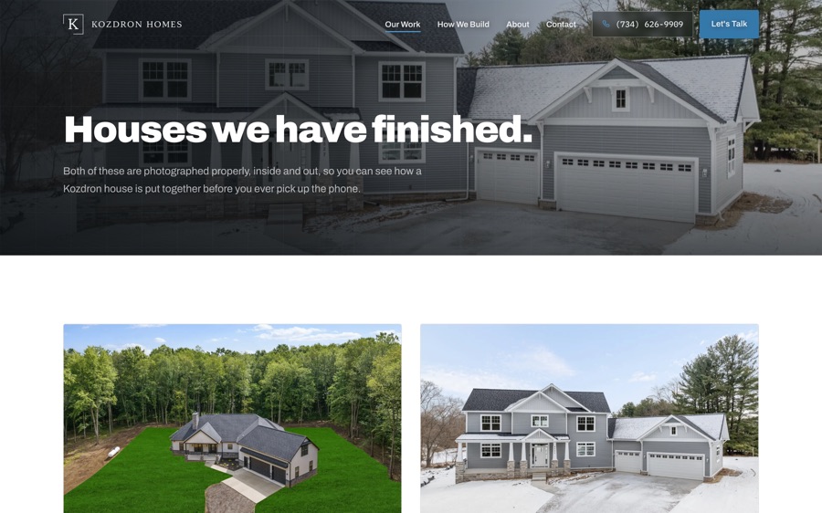 The Kozdron Homes work page, opening a gallery of a finished build