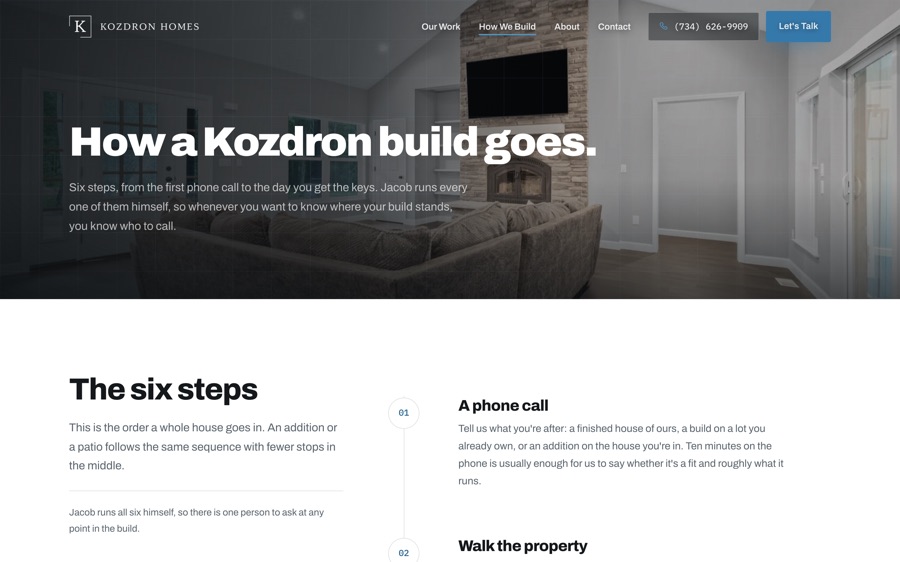 The how-we-build page listing the six steps of a build