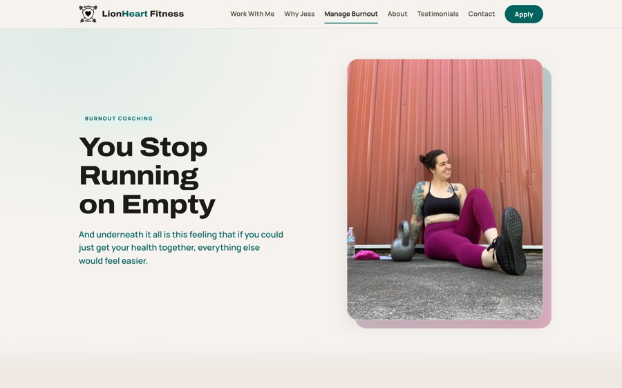 The LionHeart Fitness burnout page on a laptop