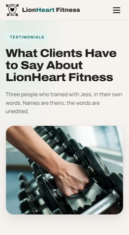 The LionHeart Fitness testimonials page on a phone