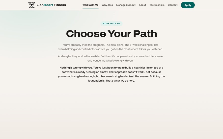 The LionHeart Fitness coaching page on a laptop
