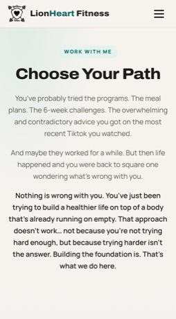 The LionHeart Fitness coaching page on a phone