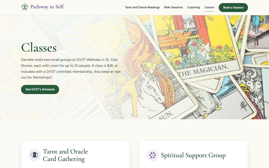 The Classes page, opening on a spread of tarot cards