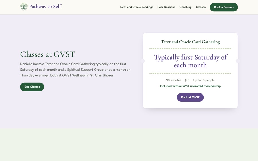 The Classes at GVST block on the homepage, with the Tarot and Oracle Card Gathering set out like a ticket