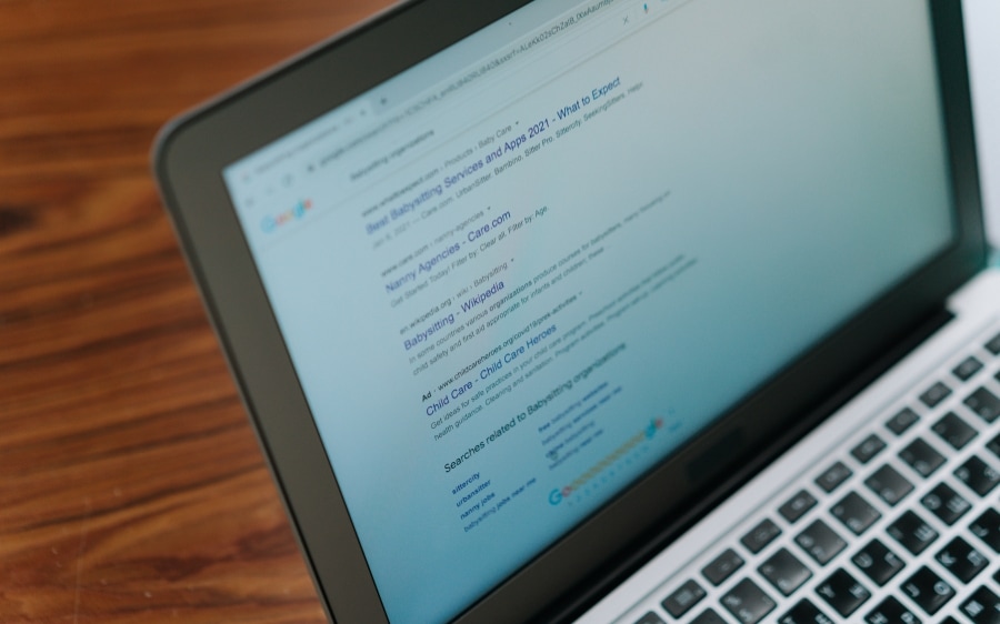 A laptop open to a page of Google search results