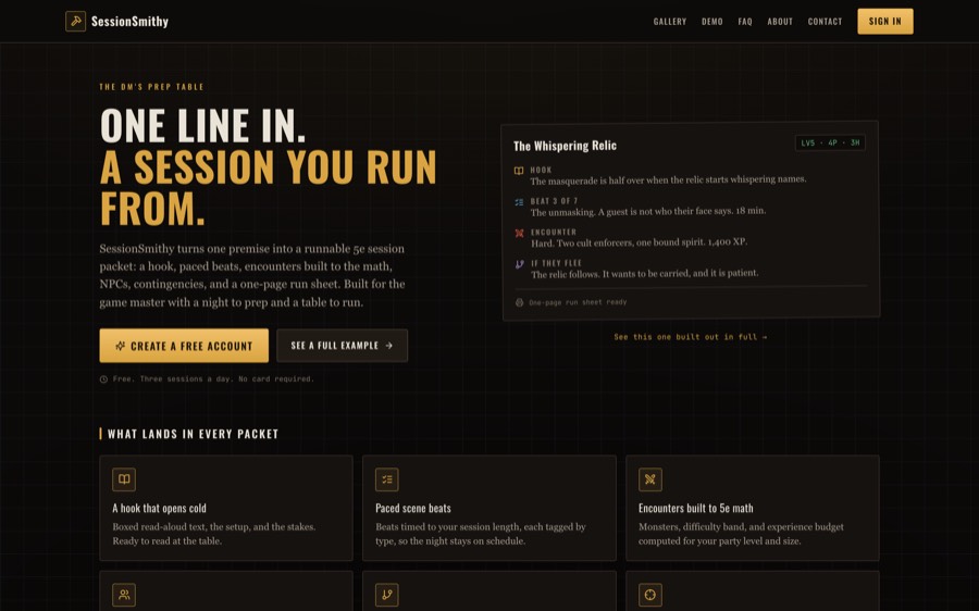 SessionSmithy.com hero section