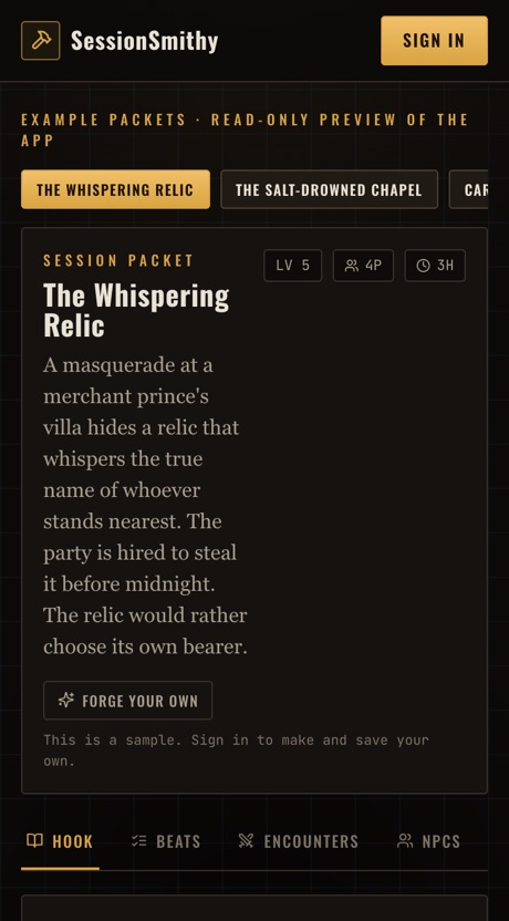A SessionSmithy session packet on a phone