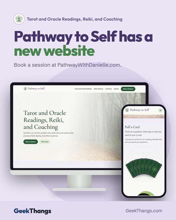 The GeekThangs Facebook post for Pathway to Self: the headline "Pathway to Self has a new website" over lavender, with the site on a monitor and a phone