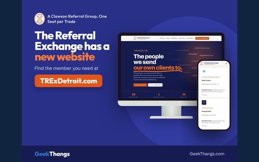 A GeekThangs post announcing The Referral Exchange's new website, with the site on a monitor and a phone