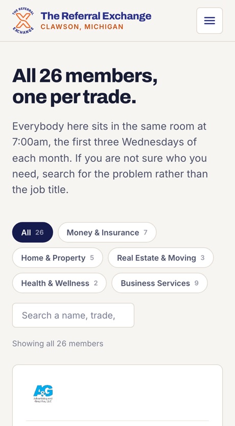 The member directory on a phone, with the category filters and search