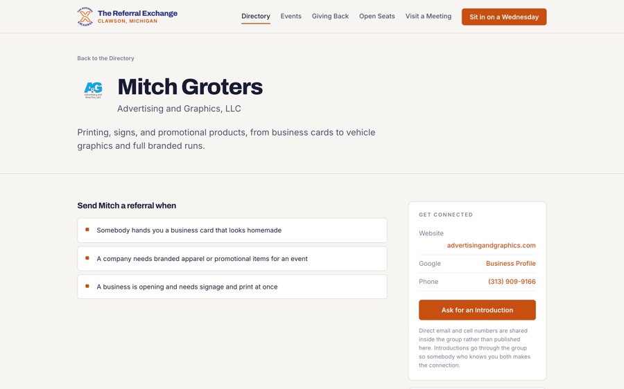 A member profile page for the group's sign and print shop, with three moments to send them a referral