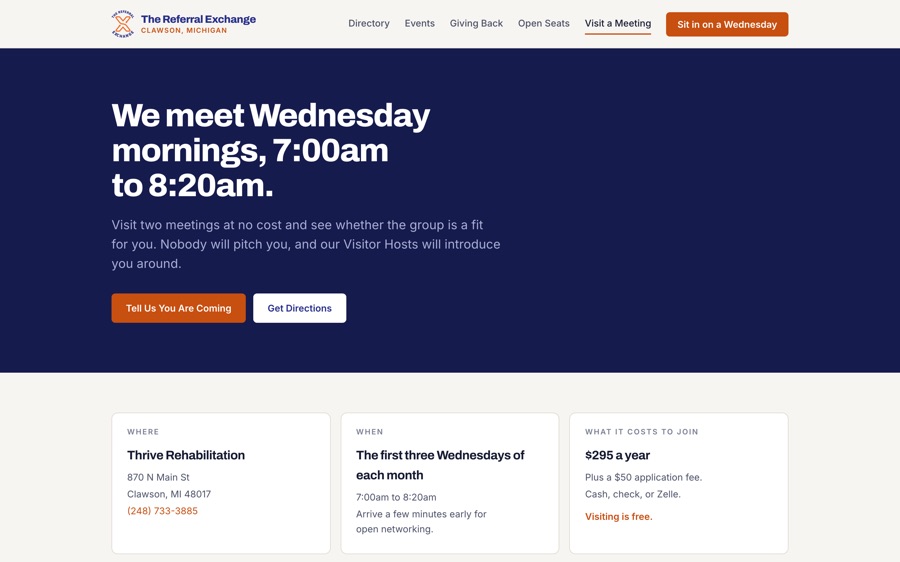 The Visit a Meeting page with where, when and what it costs to join