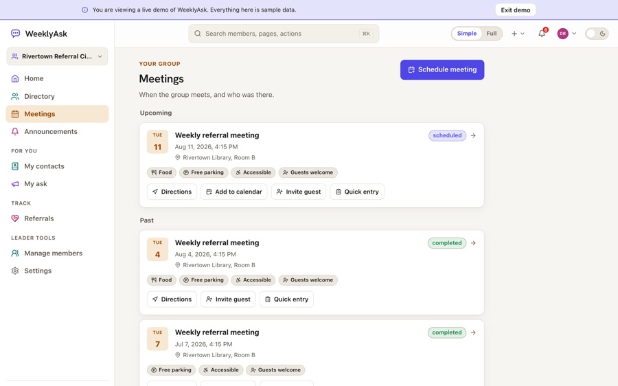 The WeeklyAsk meetings screen