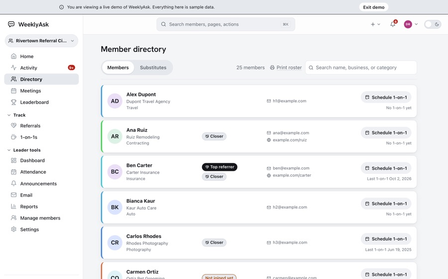 The WeeklyAsk member directory, one row per member with their business and contact details