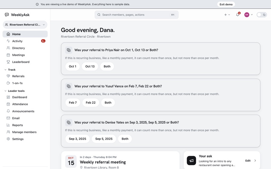 The signed-in home screen of WeeklyAsk, a web app we built