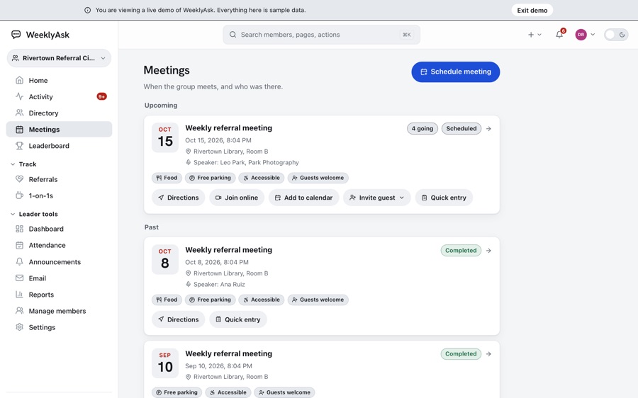 The WeeklyAsk meetings screen, with the next meeting above the past ones